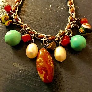 Multi-stoned Necklace, Leather and Silver